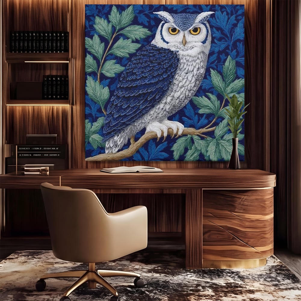 Tablou Canvas Premium, LuxCanva® M1111, Broderie de Noapte, Bufnita, Mister, Frunzis, Natura, Pasare, Ramuri, Noapte, Aripi, Albastru, Static, Birou, Living, Camera Copil