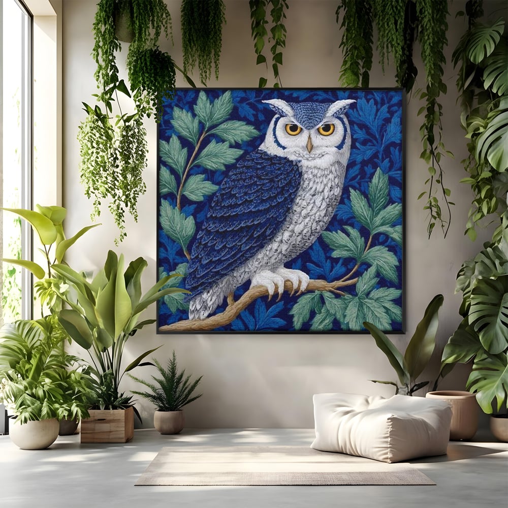Tablou Canvas Premium, LuxCanva® M1111, Broderie de Noapte, Bufnita, Mister, Frunzis, Natura, Pasare, Ramuri, Noapte, Aripi, Albastru, Static, Birou, Living, Camera Copil