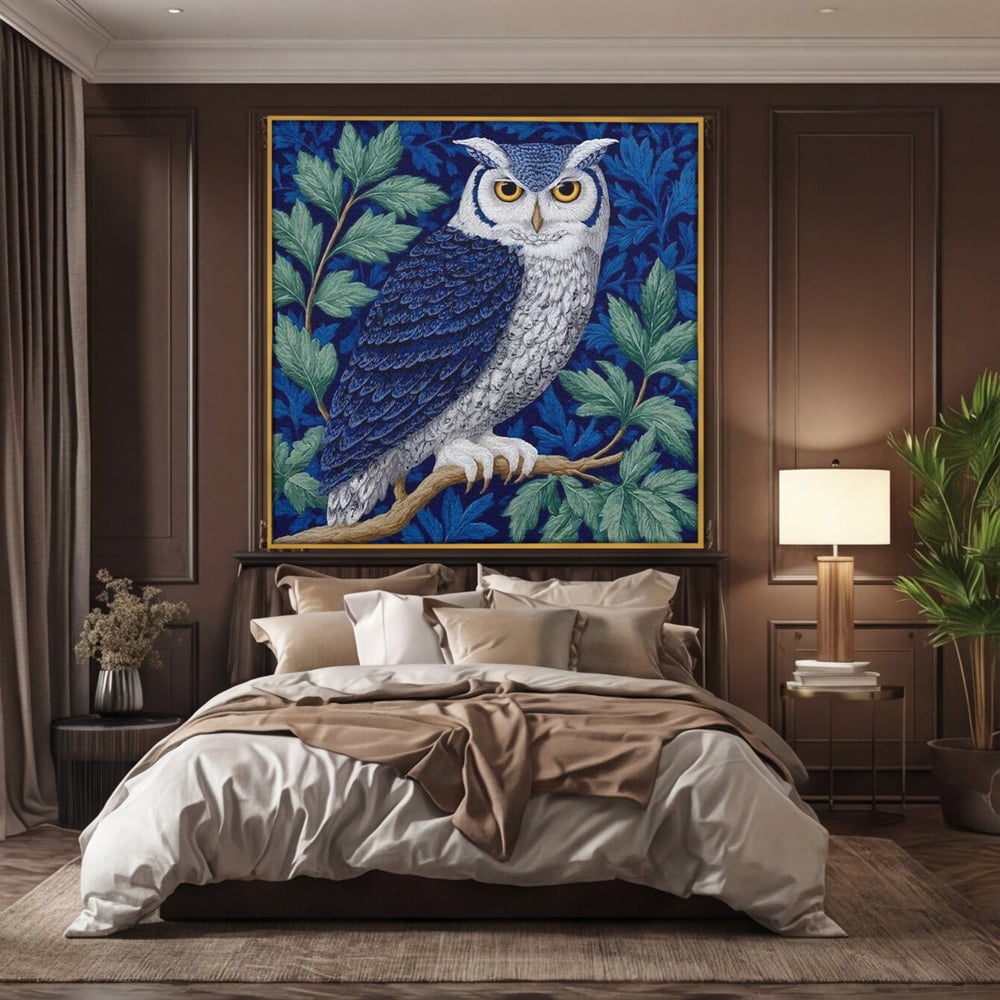 Tablou Canvas Premium, LuxCanva® M1111, Broderie de Noapte, Bufnita, Mister, Frunzis, Natura, Pasare, Ramuri, Noapte, Aripi, Albastru, Static, Birou, Living, Camera Copil