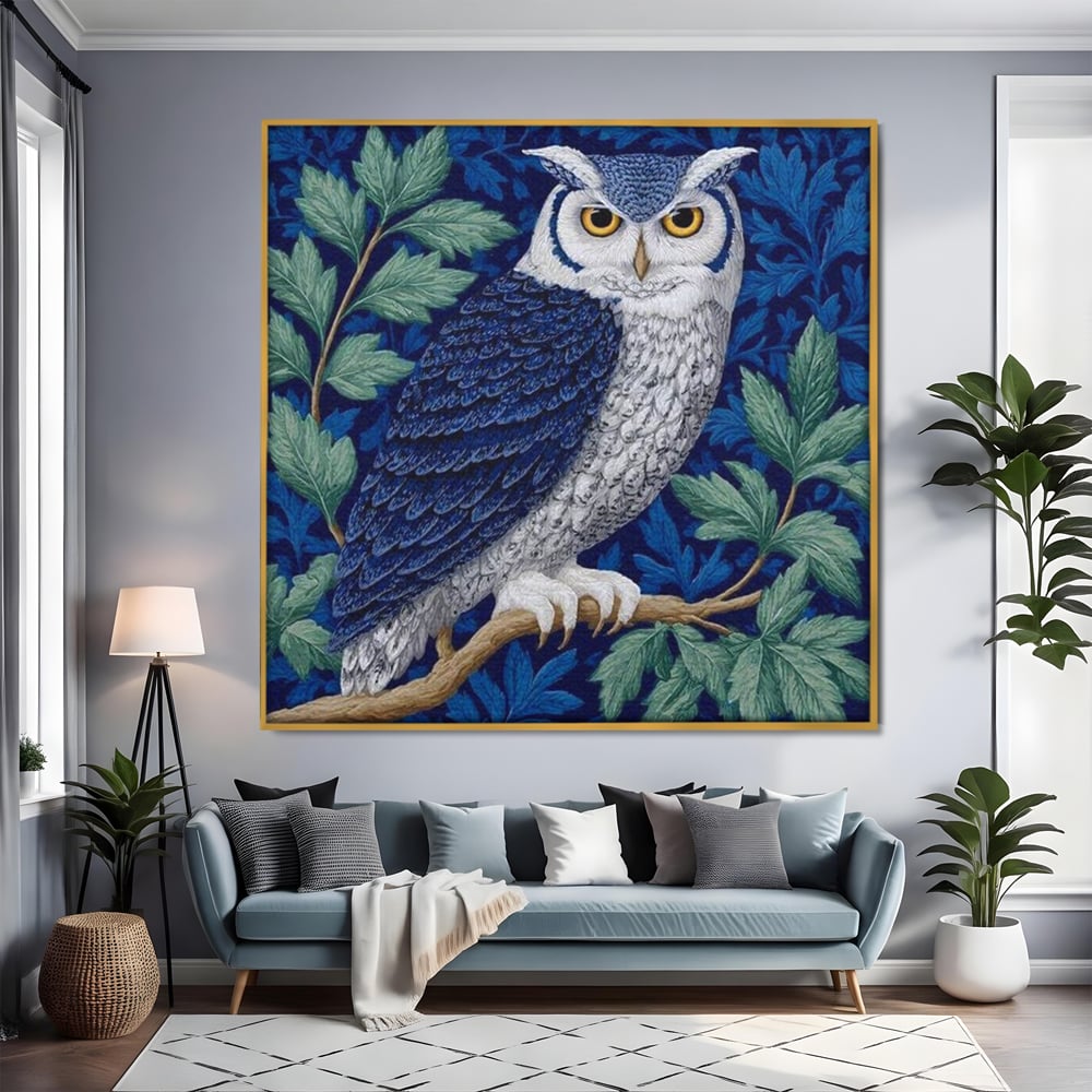 Tablou Canvas Premium, LuxCanva® M1111, Broderie de Noapte, Bufnita, Mister, Frunzis, Natura, Pasare, Ramuri, Noapte, Aripi, Albastru, Static, Birou, Living, Camera Copil