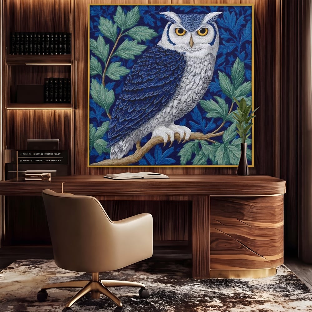 Tablou Canvas Premium, LuxCanva® M1111, Broderie de Noapte, Bufnita, Mister, Frunzis, Natura, Pasare, Ramuri, Noapte, Aripi, Albastru, Static, Birou, Living, Camera Copil