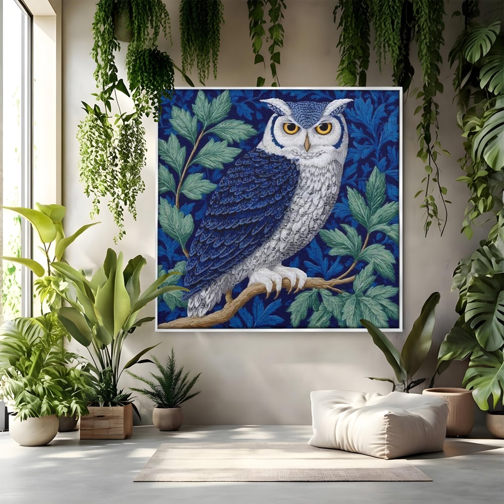 Tablou Canvas Premium, LuxCanva® M1111, Broderie de Noapte, Bufnita, Mister, Frunzis, Natura, Pasare, Ramuri, Noapte, Aripi, Albastru, Static, Birou, Living, Camera Copil