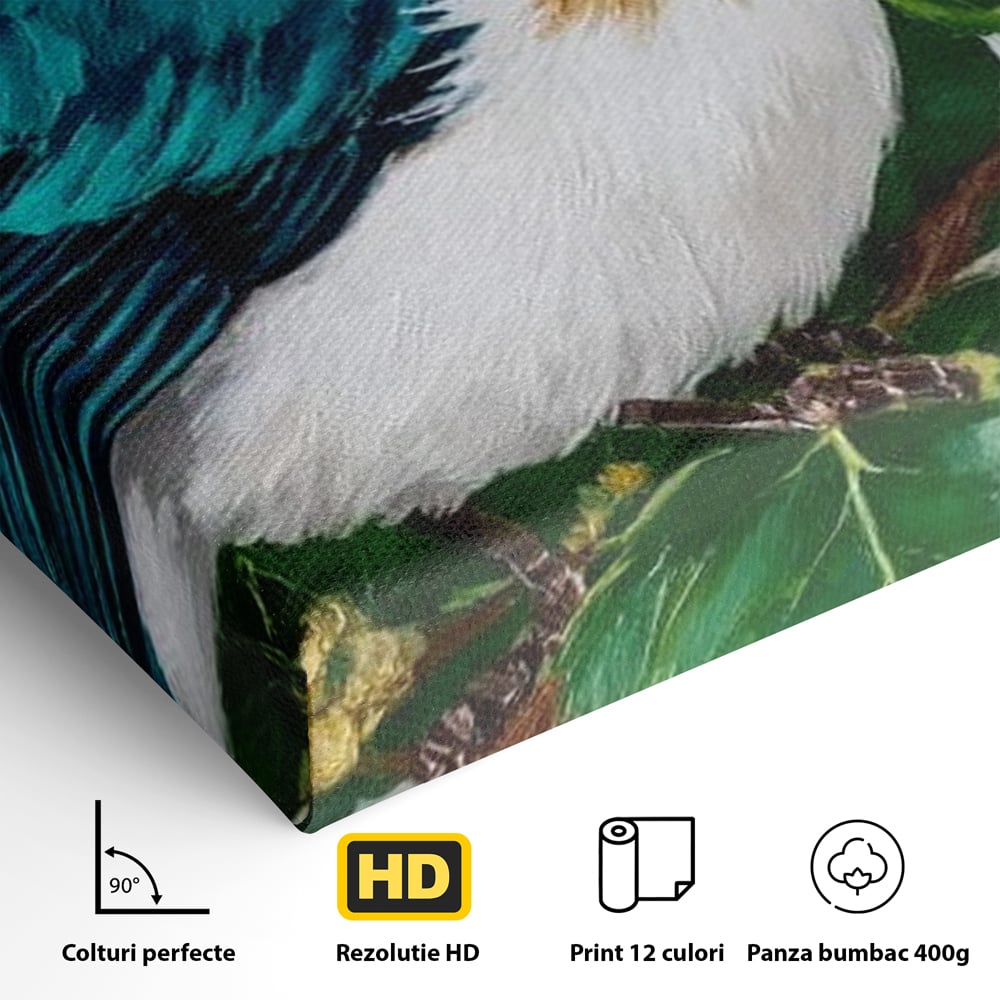 Tablou Canvas Premium, LuxCanva® M1112, Smarald printre Crengute, Pasare, Verde, Frunze, Crengi, Penaj, Smarald, Flori, Cantec, Pictura, Inocenta, Birou, Living, Camera Copil