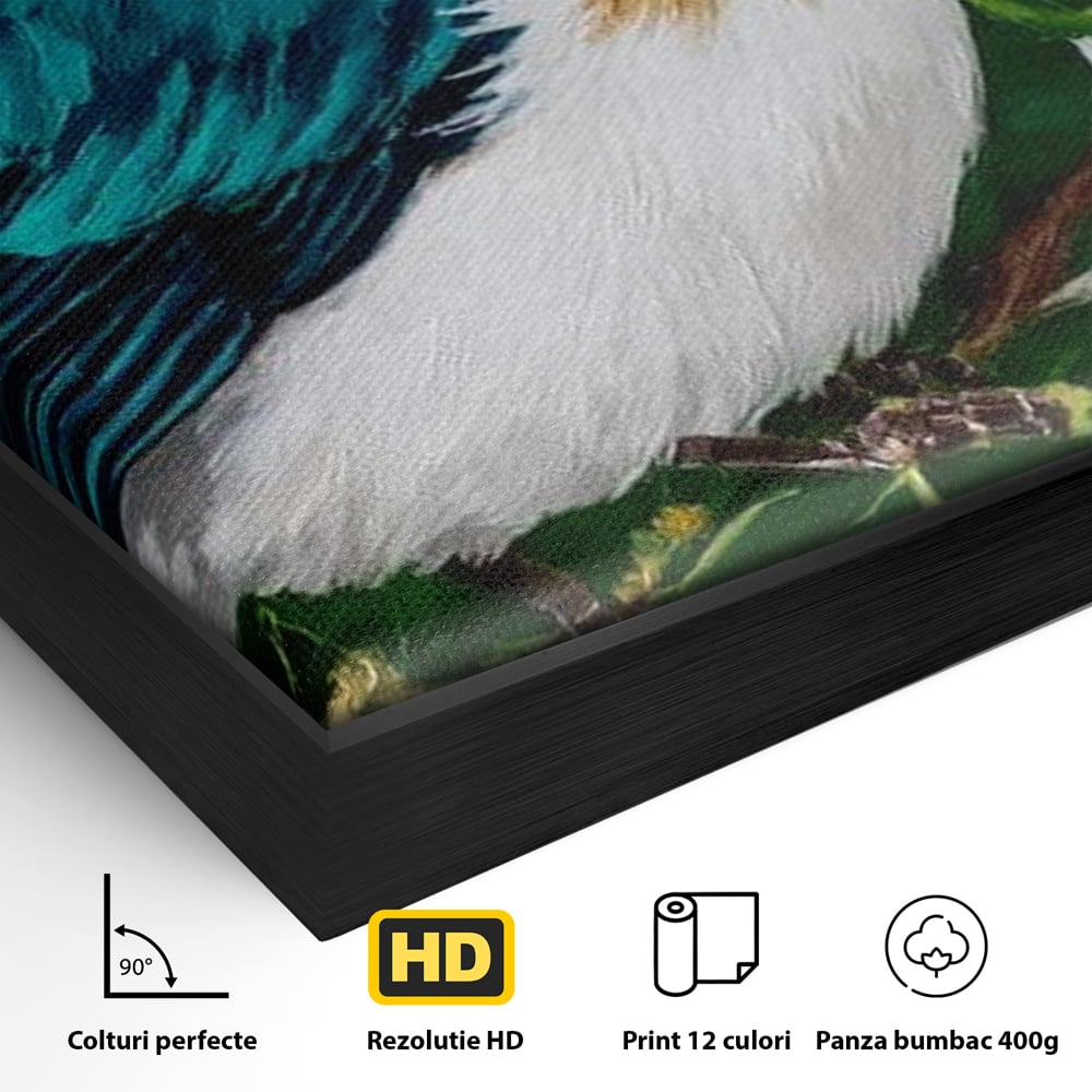 Tablou Canvas Premium, LuxCanva® M1112, Smarald printre Crengute, Pasare, Verde, Frunze, Crengi, Penaj, Smarald, Flori, Cantec, Pictura, Inocenta, Birou, Living, Camera Copil