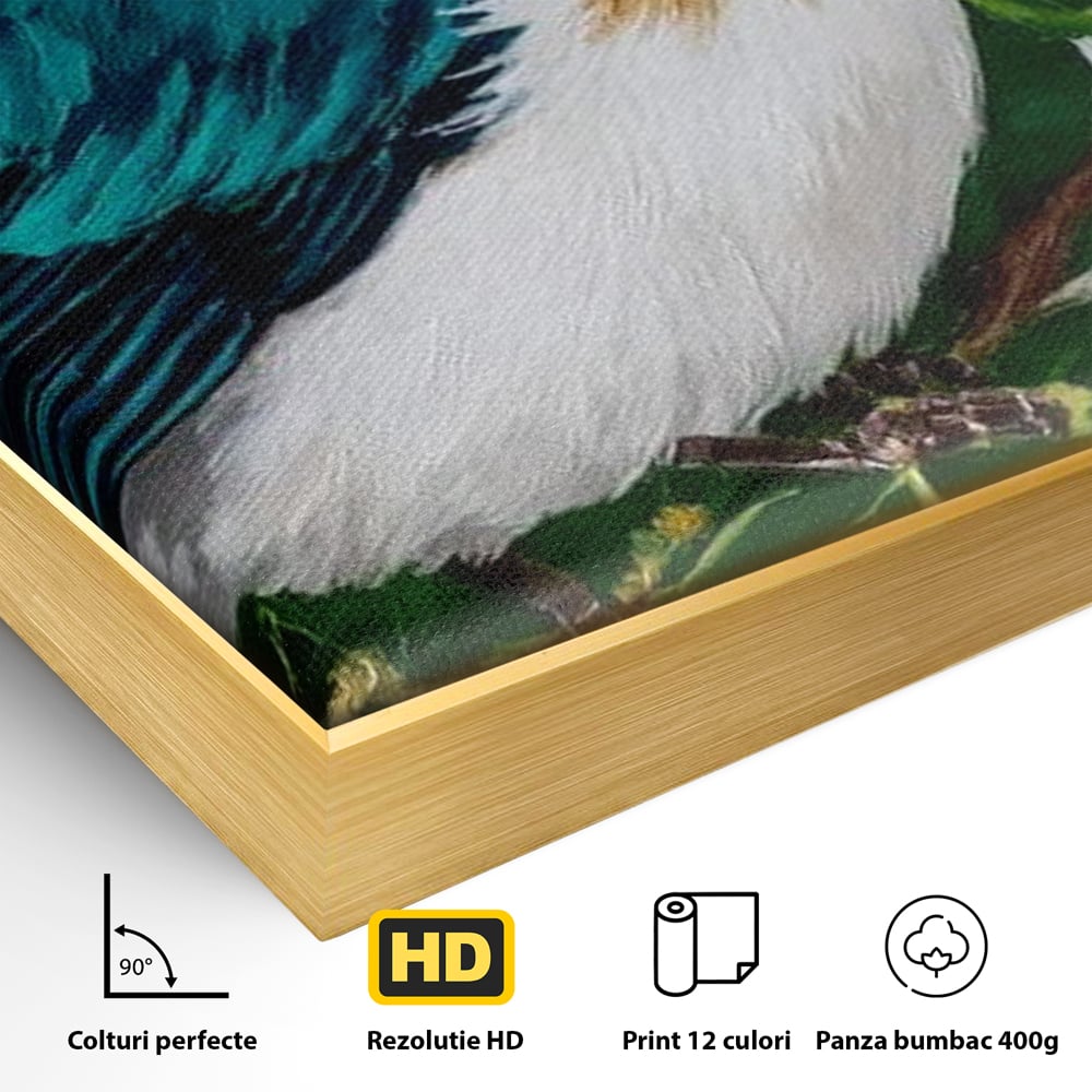 Tablou Canvas Premium, LuxCanva® M1112, Smarald printre Crengute, Pasare, Verde, Frunze, Crengi, Penaj, Smarald, Flori, Cantec, Pictura, Inocenta, Birou, Living, Camera Copil