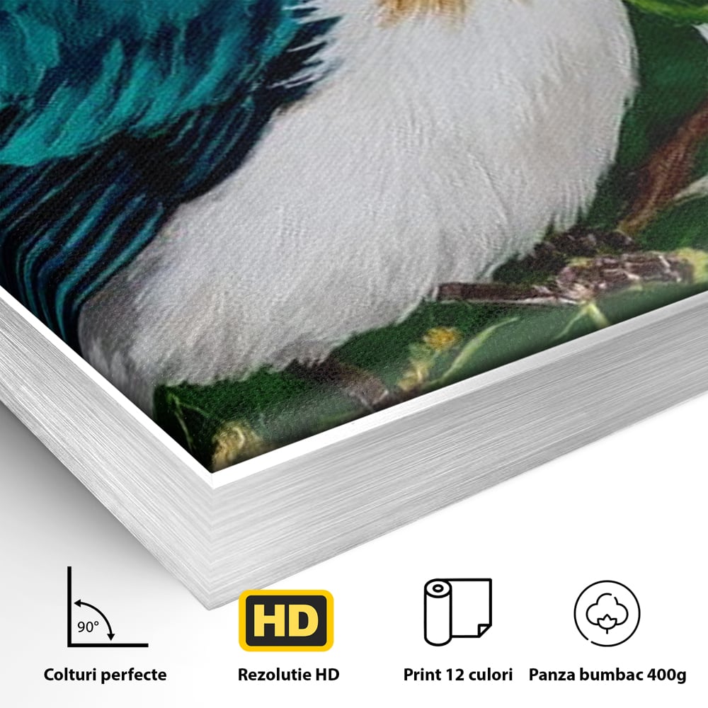 Tablou Canvas Premium, LuxCanva® M1112, Smarald printre Crengute, Pasare, Verde, Frunze, Crengi, Penaj, Smarald, Flori, Cantec, Pictura, Inocenta, Birou, Living, Camera Copil