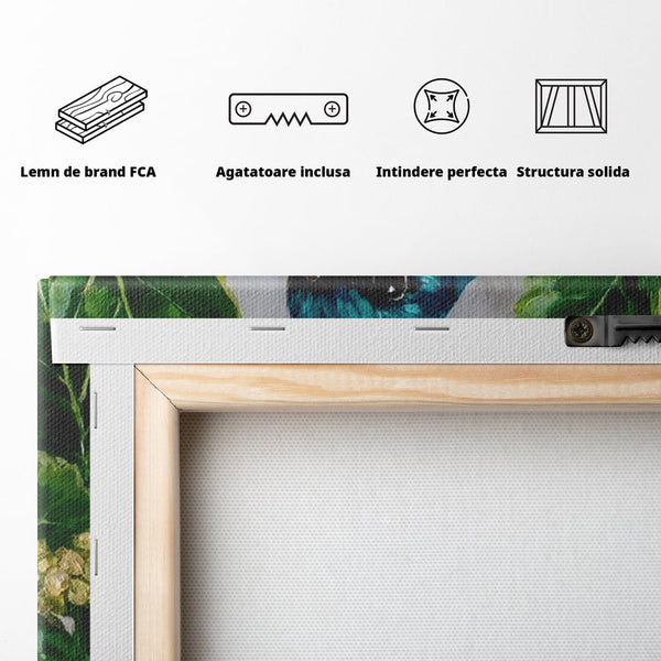 Tablou Canvas Premium, LuxCanva® M1112, Smarald printre Crengute, Pasare, Verde, Frunze, Crengi, Penaj, Smarald, Flori, Cantec, Pictura, Inocenta, Birou, Living, Camera Copil