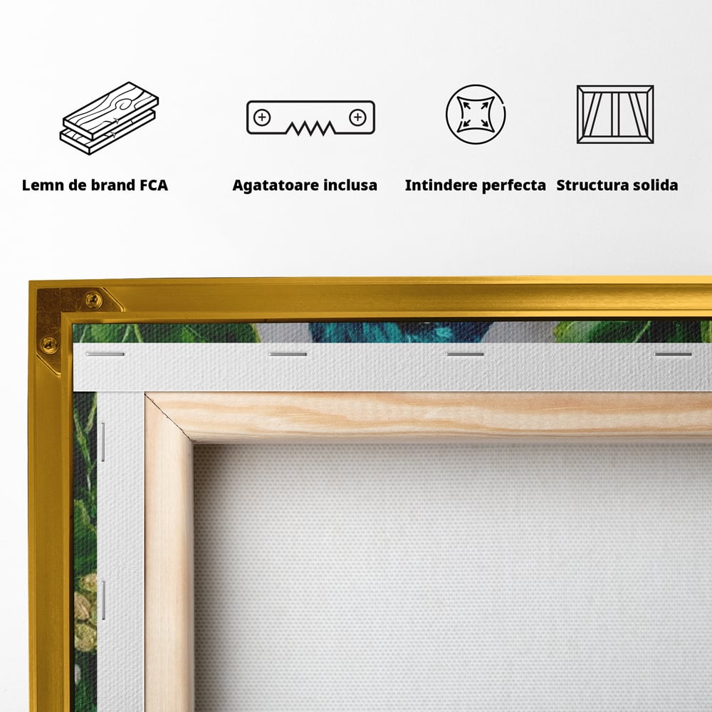Tablou Canvas Premium, LuxCanva® M1112, Smarald printre Crengute, Pasare, Verde, Frunze, Crengi, Penaj, Smarald, Flori, Cantec, Pictura, Inocenta, Birou, Living, Camera Copil