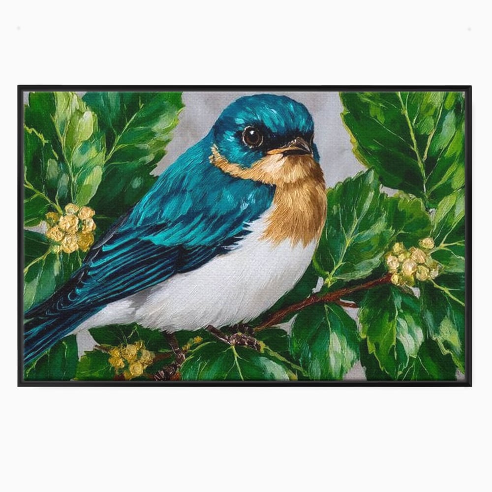 Tablou Canvas Premium, LuxCanva® M1112, Smarald printre Crengute, Pasare, Verde, Frunze, Crengi, Penaj, Smarald, Flori, Cantec, Pictura, Inocenta, Birou, Living, Camera Copil