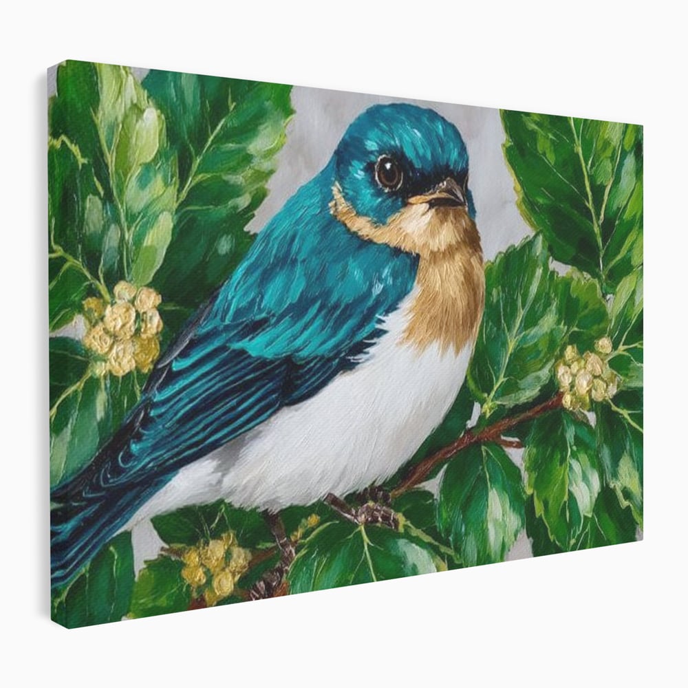 Tablou Canvas Premium, LuxCanva® M1112, Smarald printre Crengute, Pasare, Verde, Frunze, Crengi, Penaj, Smarald, Flori, Cantec, Pictura, Inocenta, Birou, Living, Camera Copil
