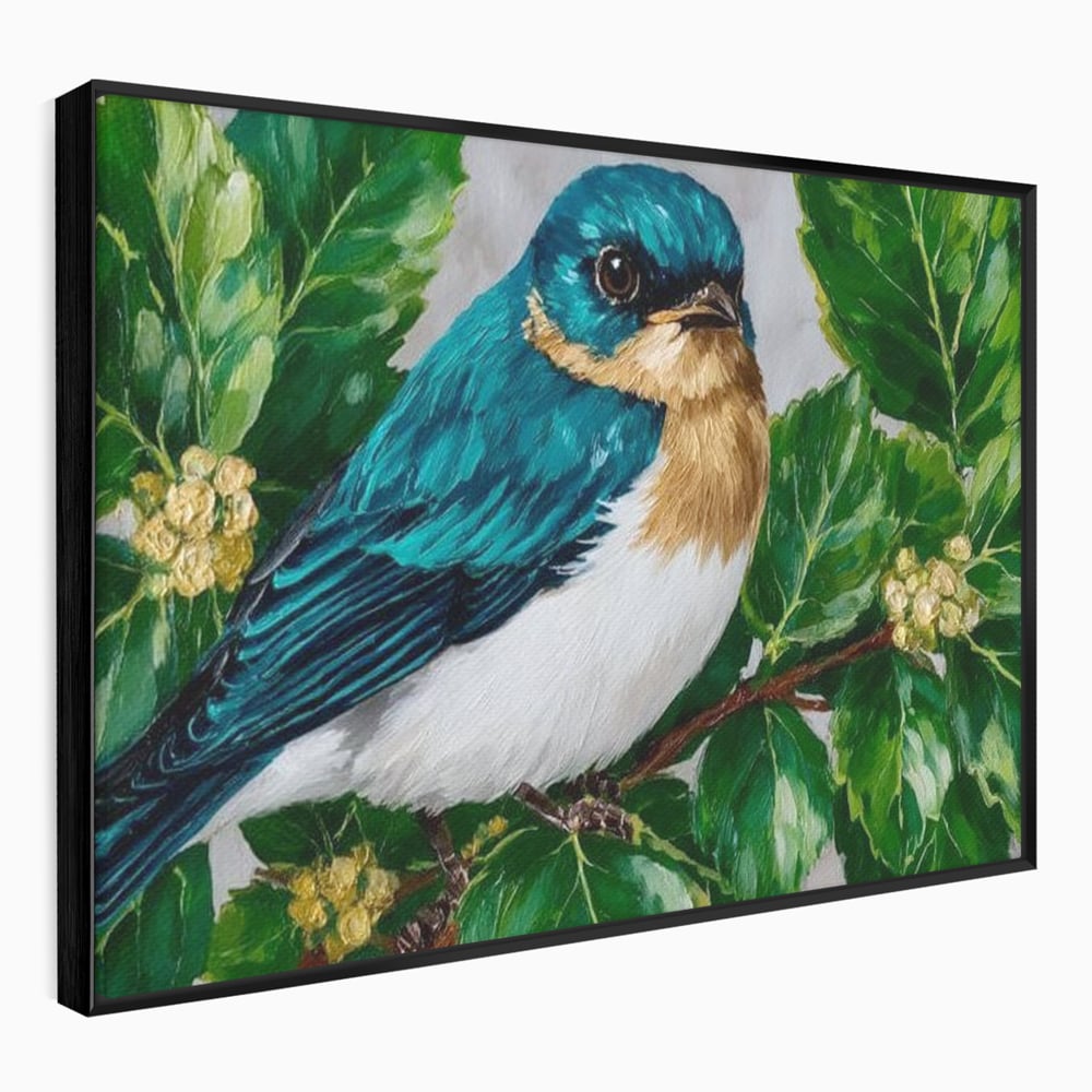 Tablou Canvas Premium, LuxCanva® M1112, Smarald printre Crengute, Pasare, Verde, Frunze, Crengi, Penaj, Smarald, Flori, Cantec, Pictura, Inocenta, Birou, Living, Camera Copil