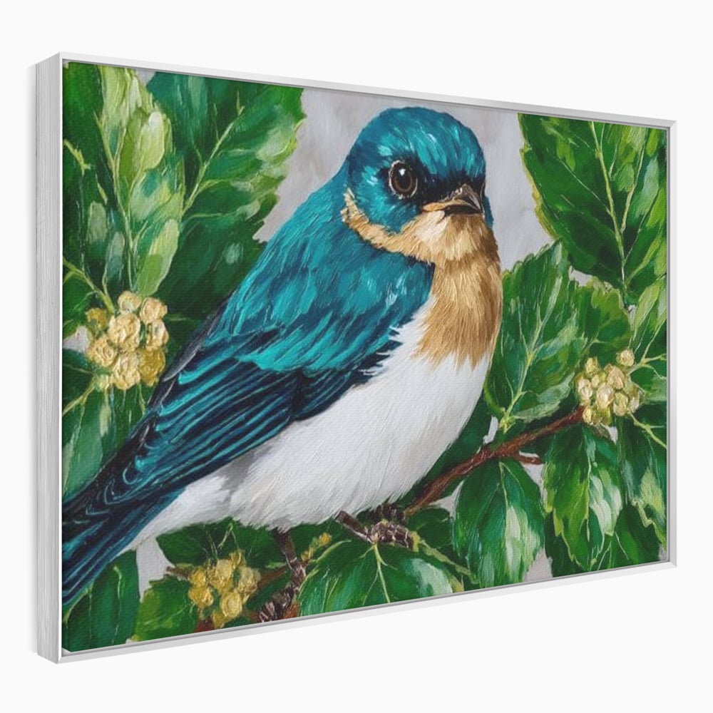 Tablou Canvas Premium, LuxCanva® M1112, Smarald printre Crengute, Pasare, Verde, Frunze, Crengi, Penaj, Smarald, Flori, Cantec, Pictura, Inocenta, Birou, Living, Camera Copil