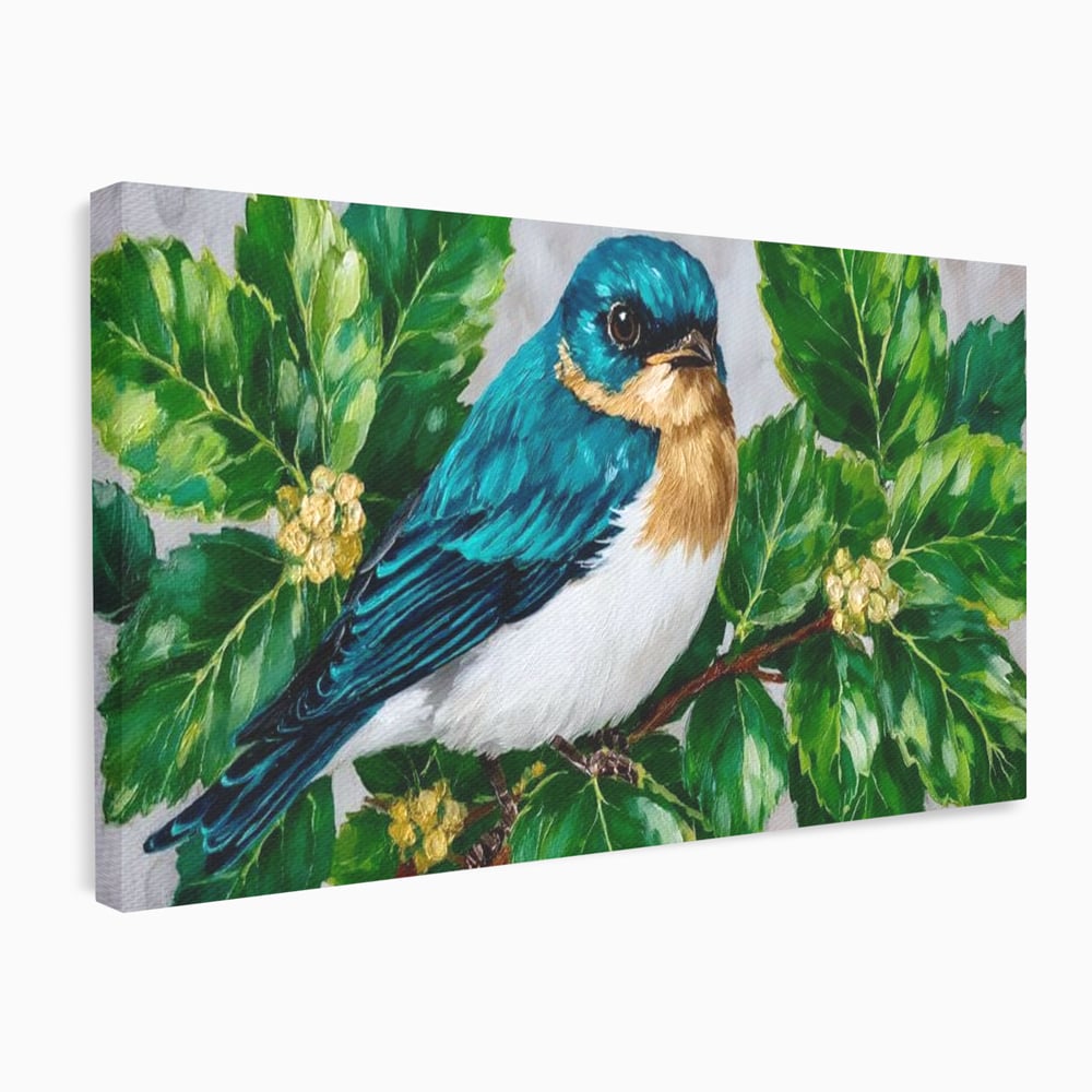 Tablou Canvas Premium, LuxCanva® M1112, Smarald printre Crengute, Pasare, Verde, Frunze, Crengi, Penaj, Smarald, Flori, Cantec, Pictura, Inocenta, Birou, Living, Camera Copil