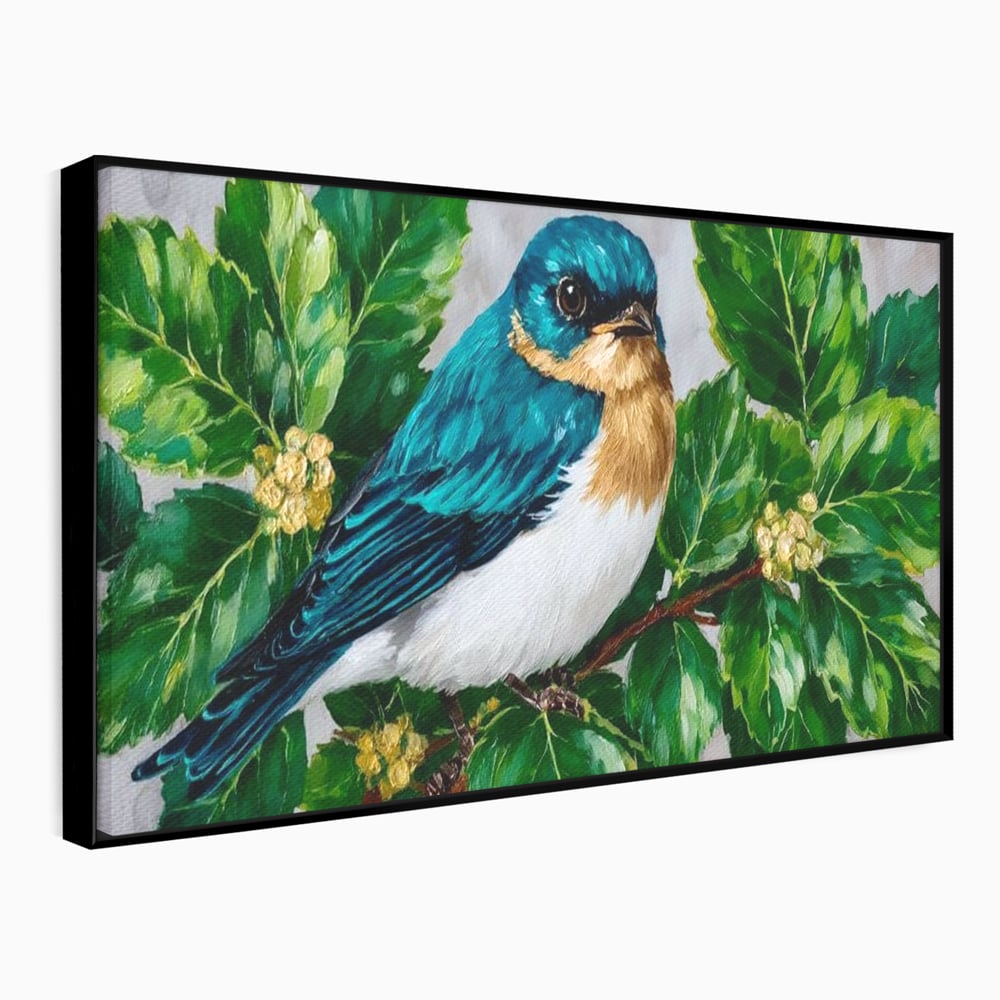 Tablou Canvas Premium, LuxCanva® M1112, Smarald printre Crengute, Pasare, Verde, Frunze, Crengi, Penaj, Smarald, Flori, Cantec, Pictura, Inocenta, Birou, Living, Camera Copil