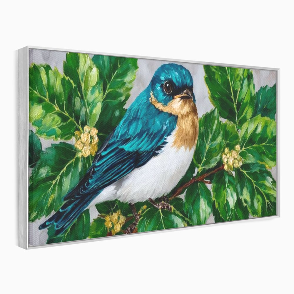 Tablou Canvas Premium, LuxCanva® M1112, Smarald printre Crengute, Pasare, Verde, Frunze, Crengi, Penaj, Smarald, Flori, Cantec, Pictura, Inocenta, Birou, Living, Camera Copil