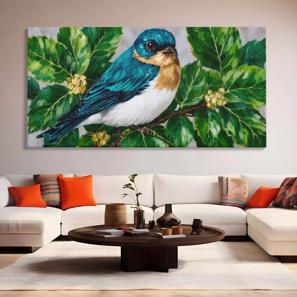 Tablou Canvas Premium, LuxCanva® M1112, Smarald printre Crengute, Pasare, Verde, Frunze, Crengi, Penaj, Smarald, Flori, Cantec, Pictura, Inocenta, Birou, Living, Camera Copil