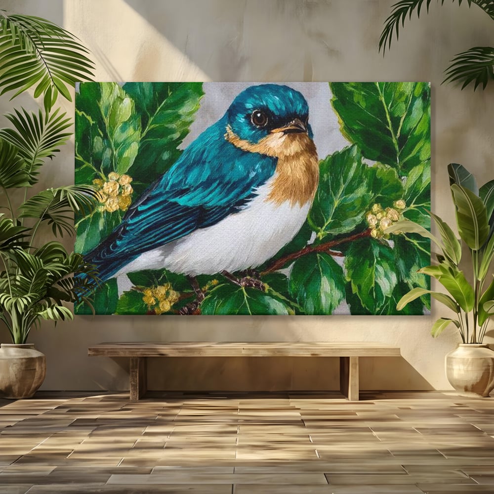 Tablou Canvas Premium, LuxCanva® M1112, Smarald printre Crengute, Pasare, Verde, Frunze, Crengi, Penaj, Smarald, Flori, Cantec, Pictura, Inocenta, Birou, Living, Camera Copil