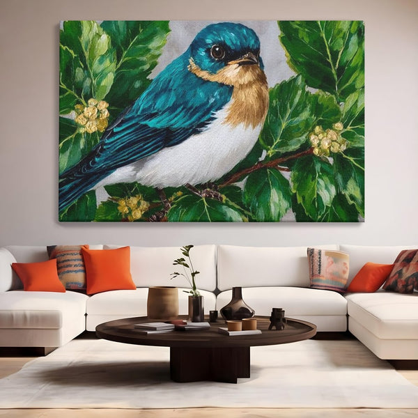 Tablou Canvas Premium, LuxCanva® M1112, Smarald printre Crengute, Pasare, Verde, Frunze, Crengi, Penaj, Smarald, Flori, Cantec, Pictura, Inocenta, Birou, Living, Camera Copil