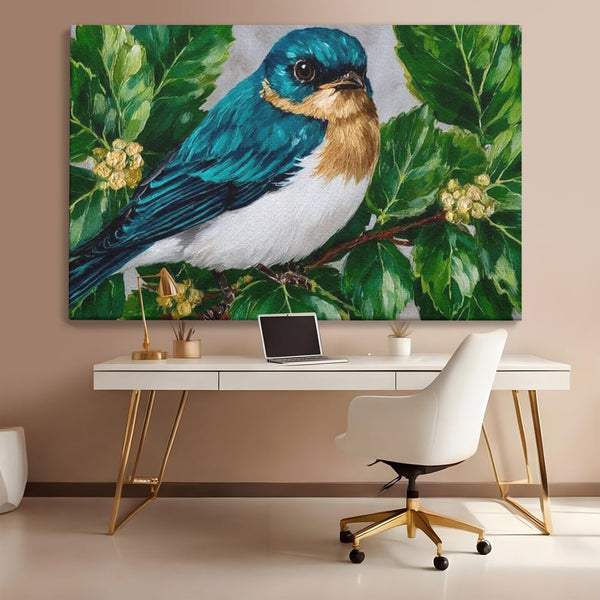 Tablou Canvas Premium, LuxCanva® M1112, Smarald printre Crengute, Pasare, Verde, Frunze, Crengi, Penaj, Smarald, Flori, Cantec, Pictura, Inocenta, Birou, Living, Camera Copil