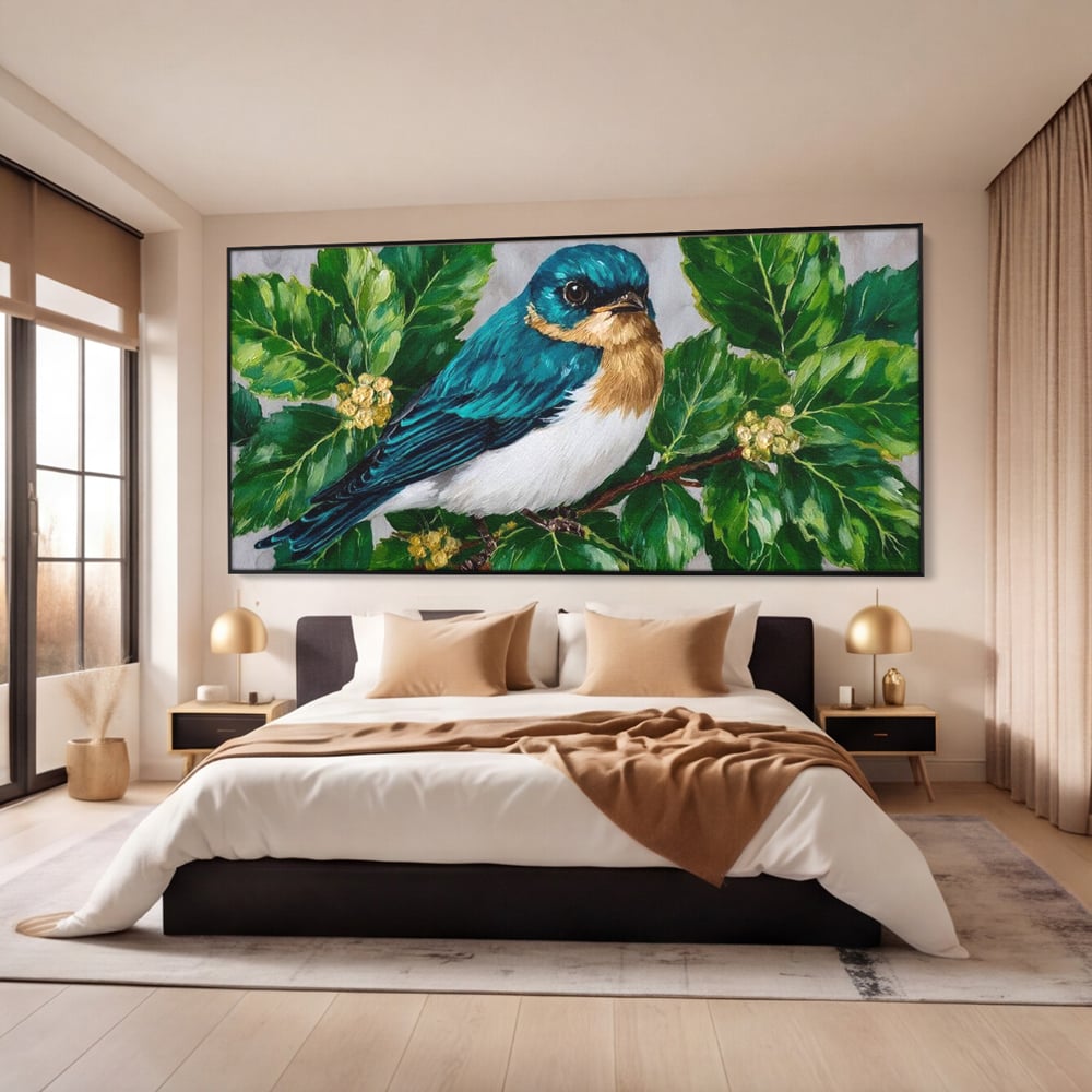 Tablou Canvas Premium, LuxCanva® M1112, Smarald printre Crengute, Pasare, Verde, Frunze, Crengi, Penaj, Smarald, Flori, Cantec, Pictura, Inocenta, Birou, Living, Camera Copil