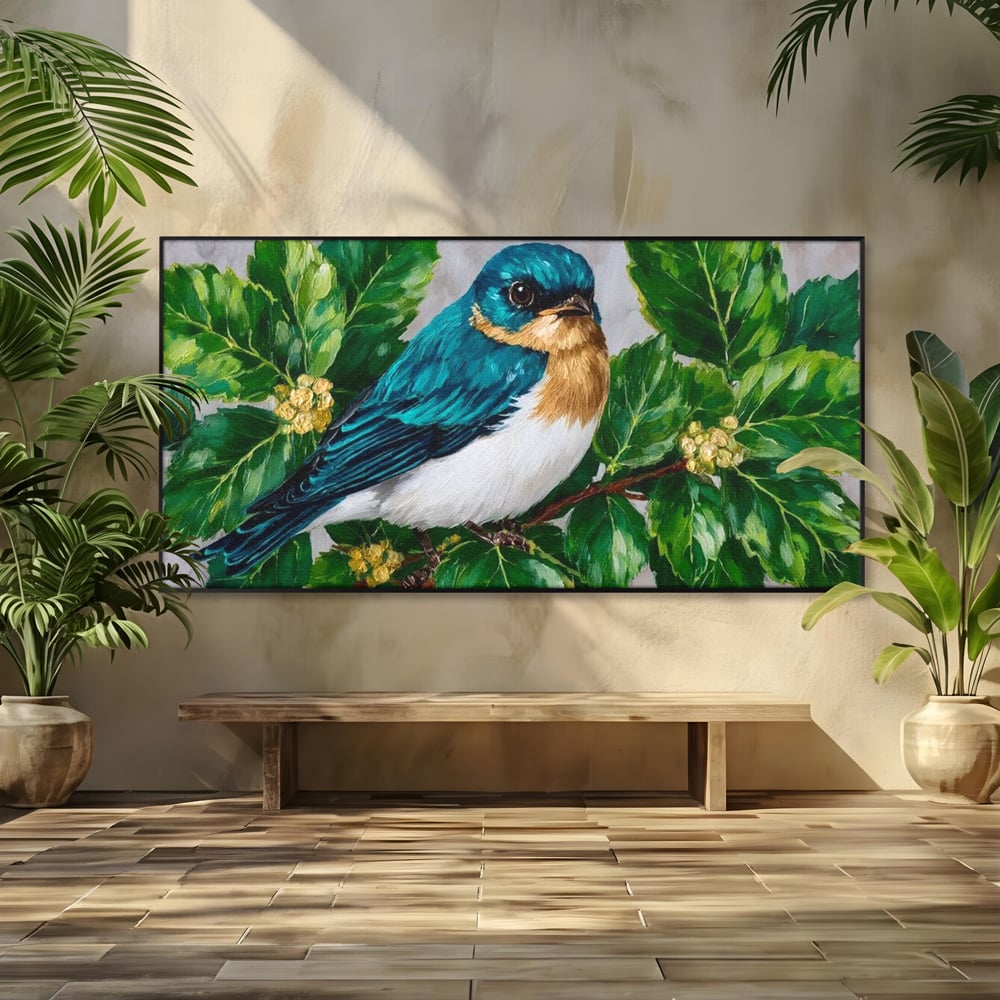 Tablou Canvas Premium, LuxCanva® M1112, Smarald printre Crengute, Pasare, Verde, Frunze, Crengi, Penaj, Smarald, Flori, Cantec, Pictura, Inocenta, Birou, Living, Camera Copil