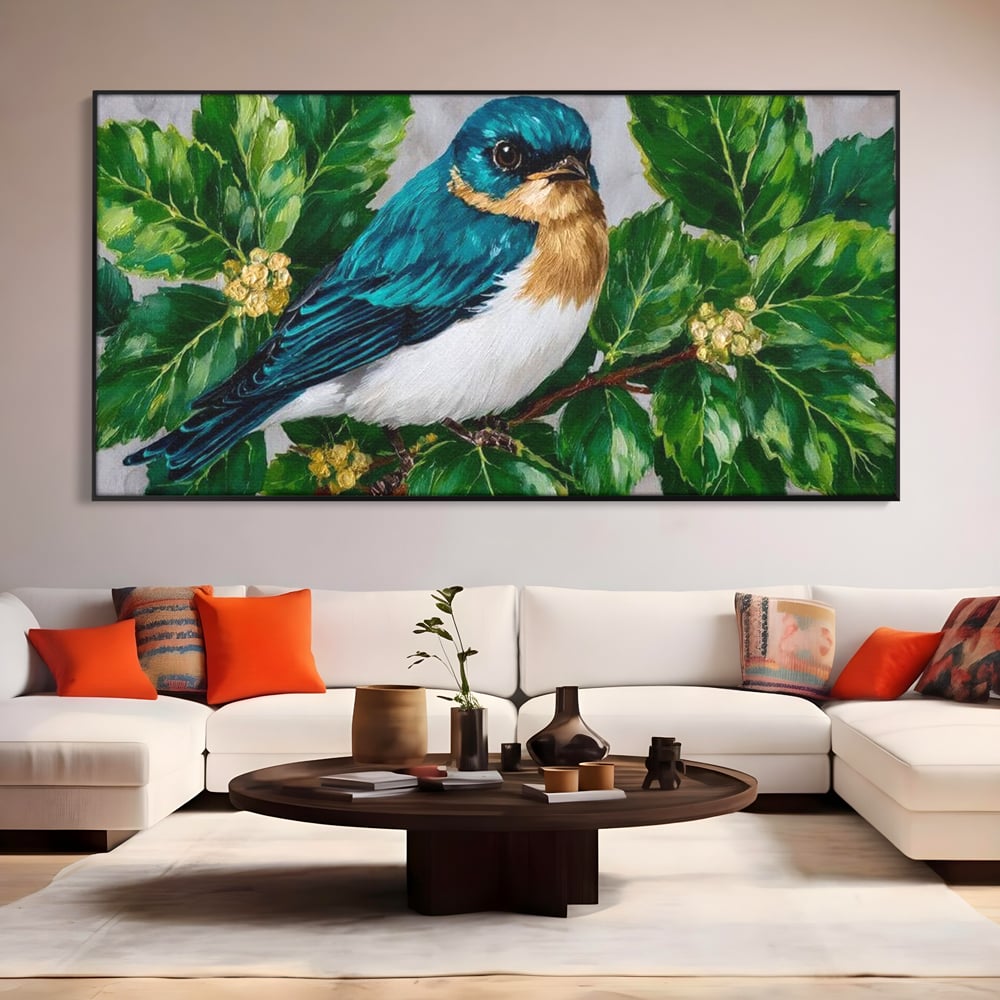 Tablou Canvas Premium, LuxCanva® M1112, Smarald printre Crengute, Pasare, Verde, Frunze, Crengi, Penaj, Smarald, Flori, Cantec, Pictura, Inocenta, Birou, Living, Camera Copil