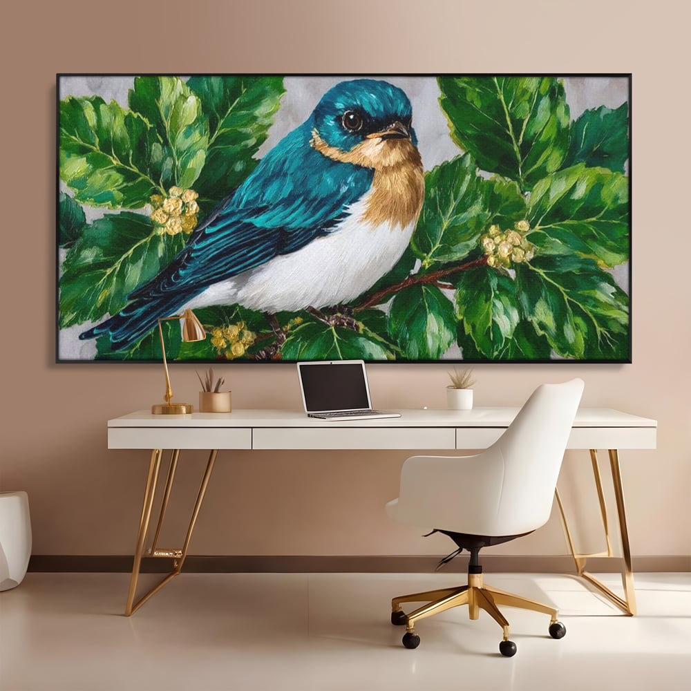 Tablou Canvas Premium, LuxCanva® M1112, Smarald printre Crengute, Pasare, Verde, Frunze, Crengi, Penaj, Smarald, Flori, Cantec, Pictura, Inocenta, Birou, Living, Camera Copil