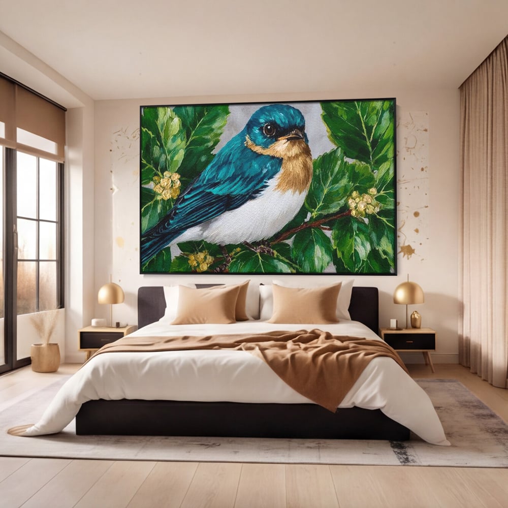 Tablou Canvas Premium, LuxCanva® M1112, Smarald printre Crengute, Pasare, Verde, Frunze, Crengi, Penaj, Smarald, Flori, Cantec, Pictura, Inocenta, Birou, Living, Camera Copil