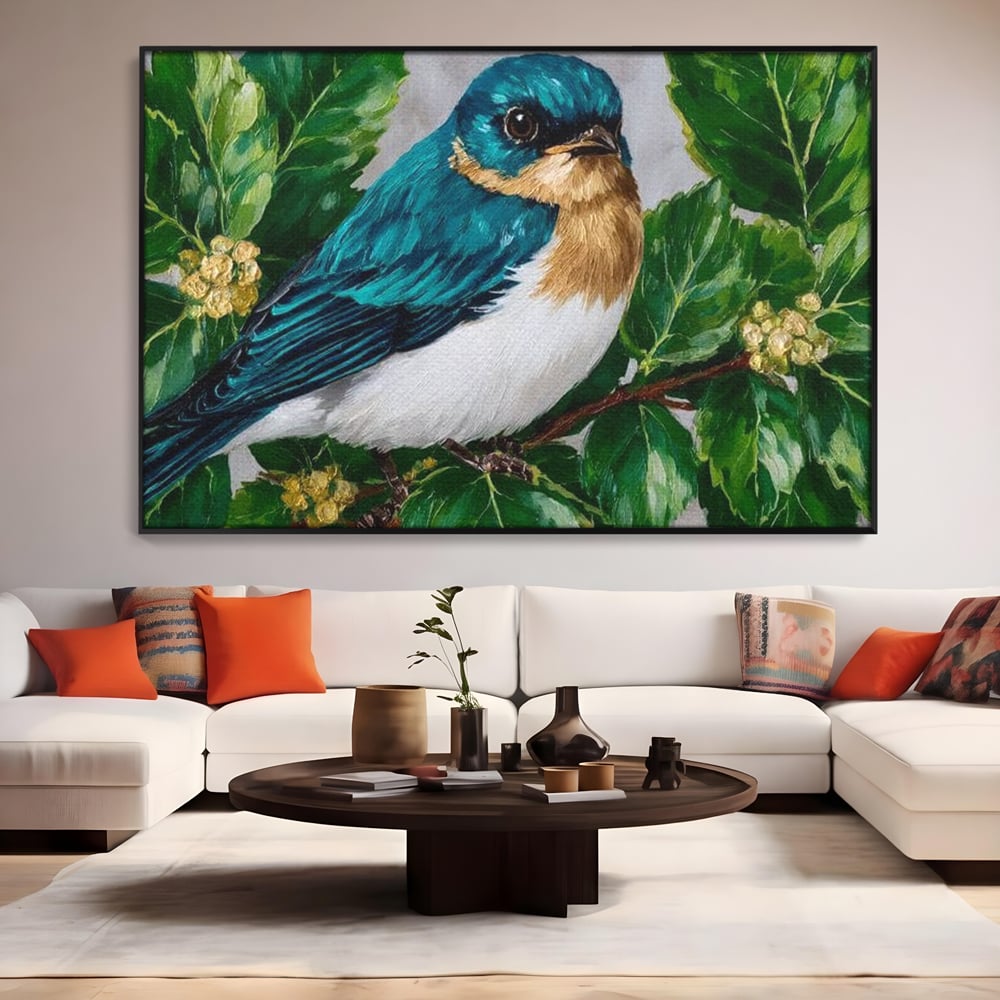 Tablou Canvas Premium, LuxCanva® M1112, Smarald printre Crengute, Pasare, Verde, Frunze, Crengi, Penaj, Smarald, Flori, Cantec, Pictura, Inocenta, Birou, Living, Camera Copil