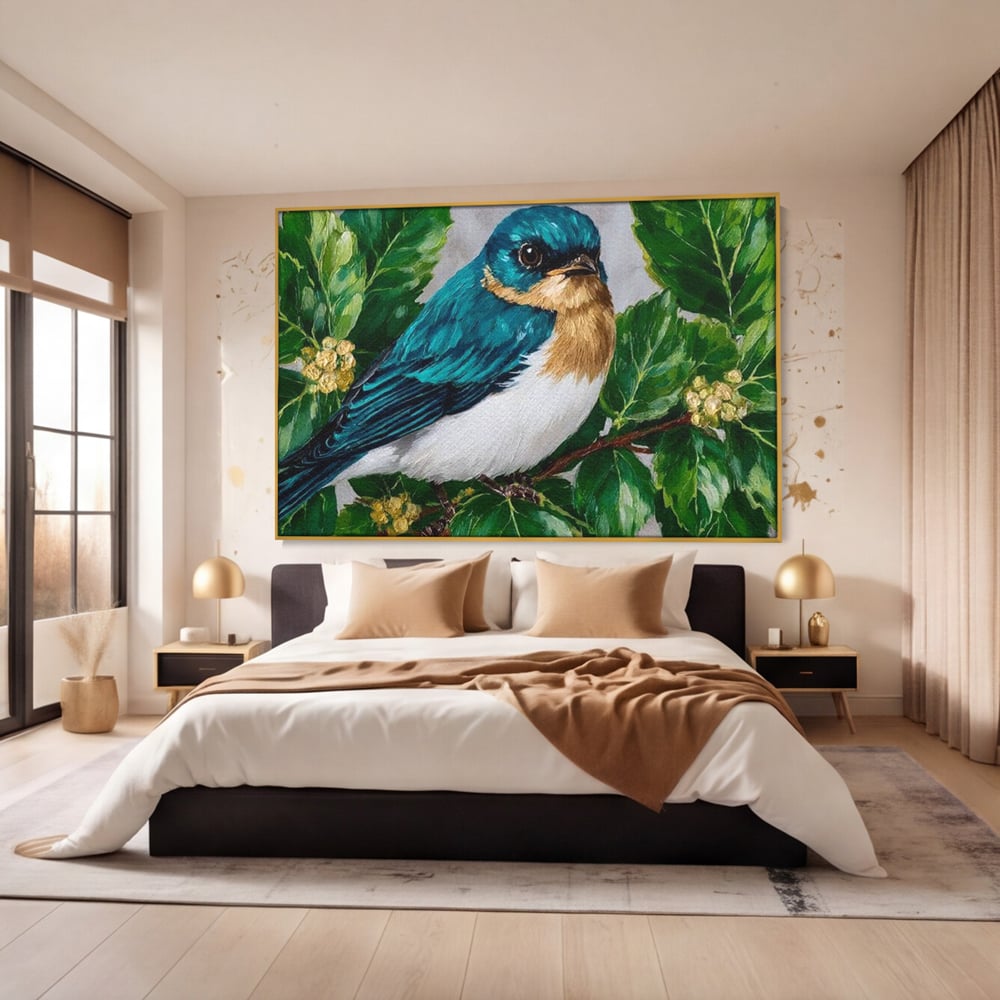 Tablou Canvas Premium, LuxCanva® M1112, Smarald printre Crengute, Pasare, Verde, Frunze, Crengi, Penaj, Smarald, Flori, Cantec, Pictura, Inocenta, Birou, Living, Camera Copil