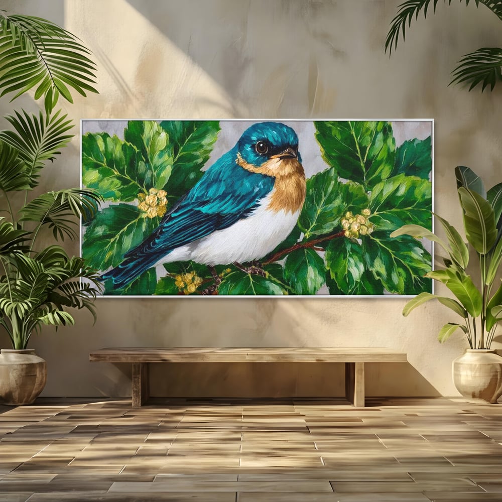 Tablou Canvas Premium, LuxCanva® M1112, Smarald printre Crengute, Pasare, Verde, Frunze, Crengi, Penaj, Smarald, Flori, Cantec, Pictura, Inocenta, Birou, Living, Camera Copil
