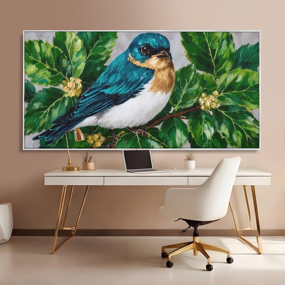 Tablou Canvas Premium, LuxCanva® M1112, Smarald printre Crengute, Pasare, Verde, Frunze, Crengi, Penaj, Smarald, Flori, Cantec, Pictura, Inocenta, Birou, Living, Camera Copil