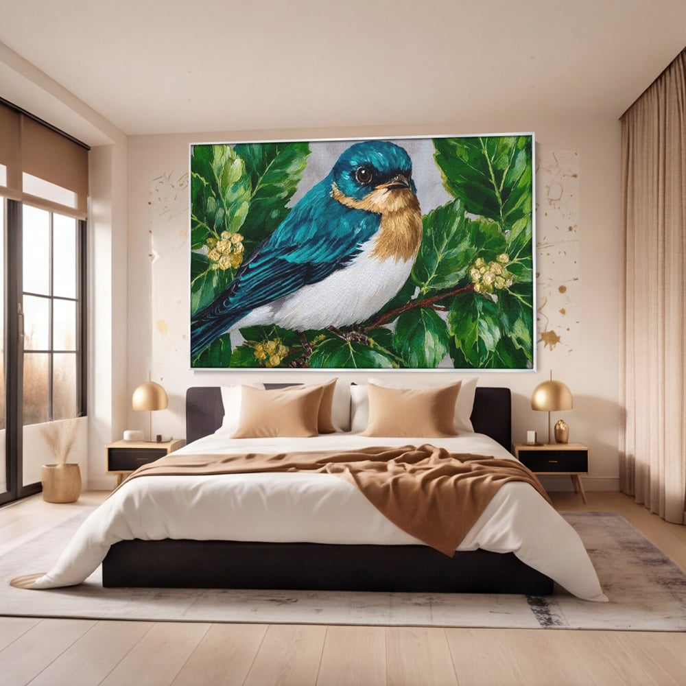 Tablou Canvas Premium, LuxCanva® M1112, Smarald printre Crengute, Pasare, Verde, Frunze, Crengi, Penaj, Smarald, Flori, Cantec, Pictura, Inocenta, Birou, Living, Camera Copil