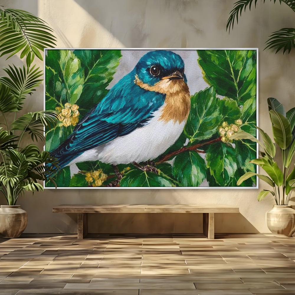 Tablou Canvas Premium, LuxCanva® M1112, Smarald printre Crengute, Pasare, Verde, Frunze, Crengi, Penaj, Smarald, Flori, Cantec, Pictura, Inocenta, Birou, Living, Camera Copil