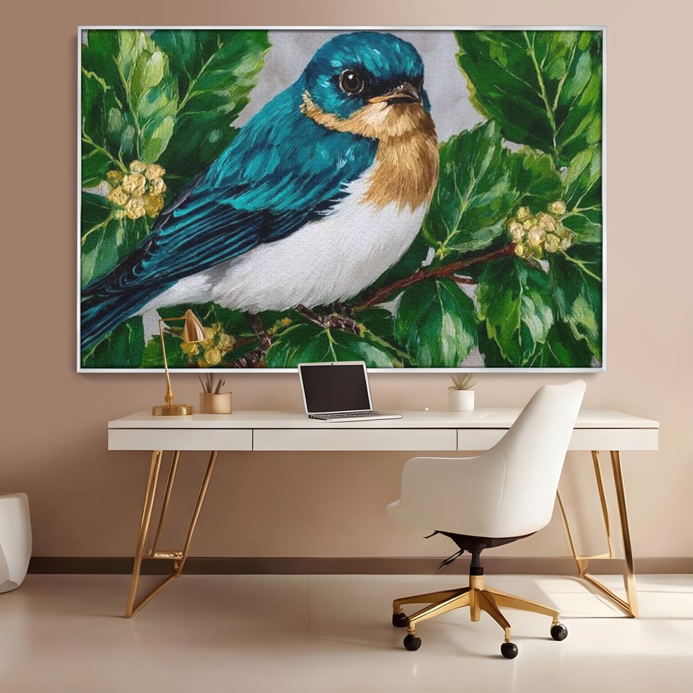 Tablou Canvas Premium, LuxCanva® M1112, Smarald printre Crengute, Pasare, Verde, Frunze, Crengi, Penaj, Smarald, Flori, Cantec, Pictura, Inocenta, Birou, Living, Camera Copil