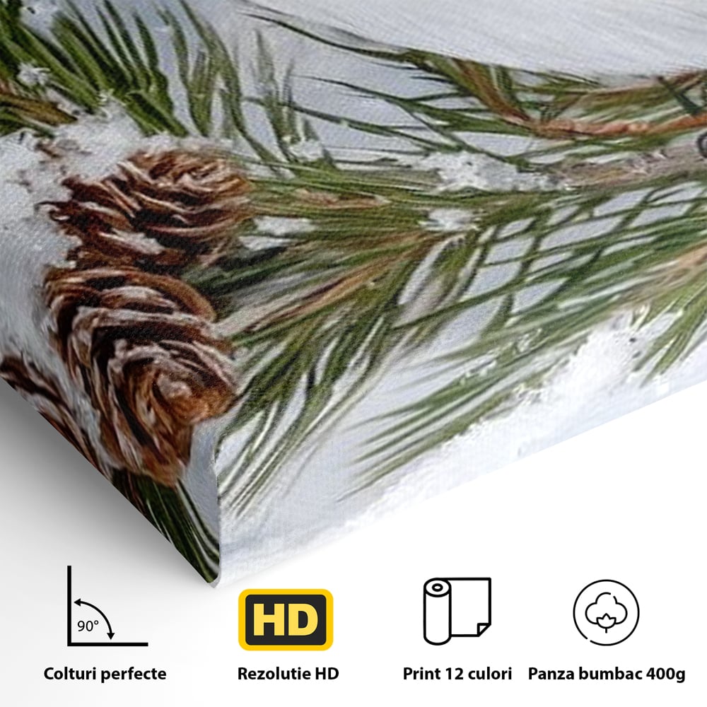 Leinwand Wandkunst Canvas Premium, LuxCanva® M1114, Wintergeflüster, Jahreszeit, Schnee, Frost, Schnee, Zapfen, Tannenbaum, Zweig, Winter, Vogel, Kobalt, Büro, Wohnen, Kinderzimmer