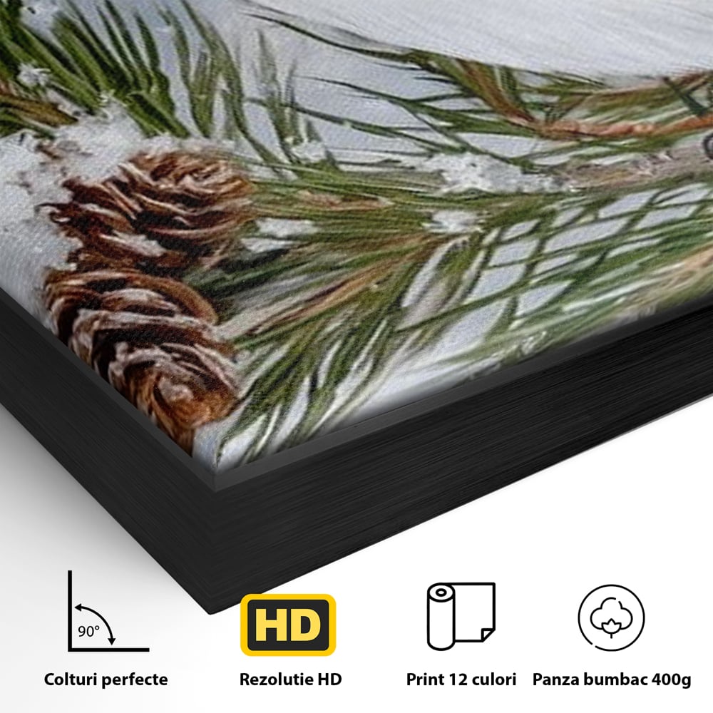 Leinwand Wandkunst Canvas Premium, LuxCanva® M1114, Wintergeflüster, Jahreszeit, Schnee, Frost, Schnee, Zapfen, Tannenbaum, Zweig, Winter, Vogel, Kobalt, Büro, Wohnen, Kinderzimmer
