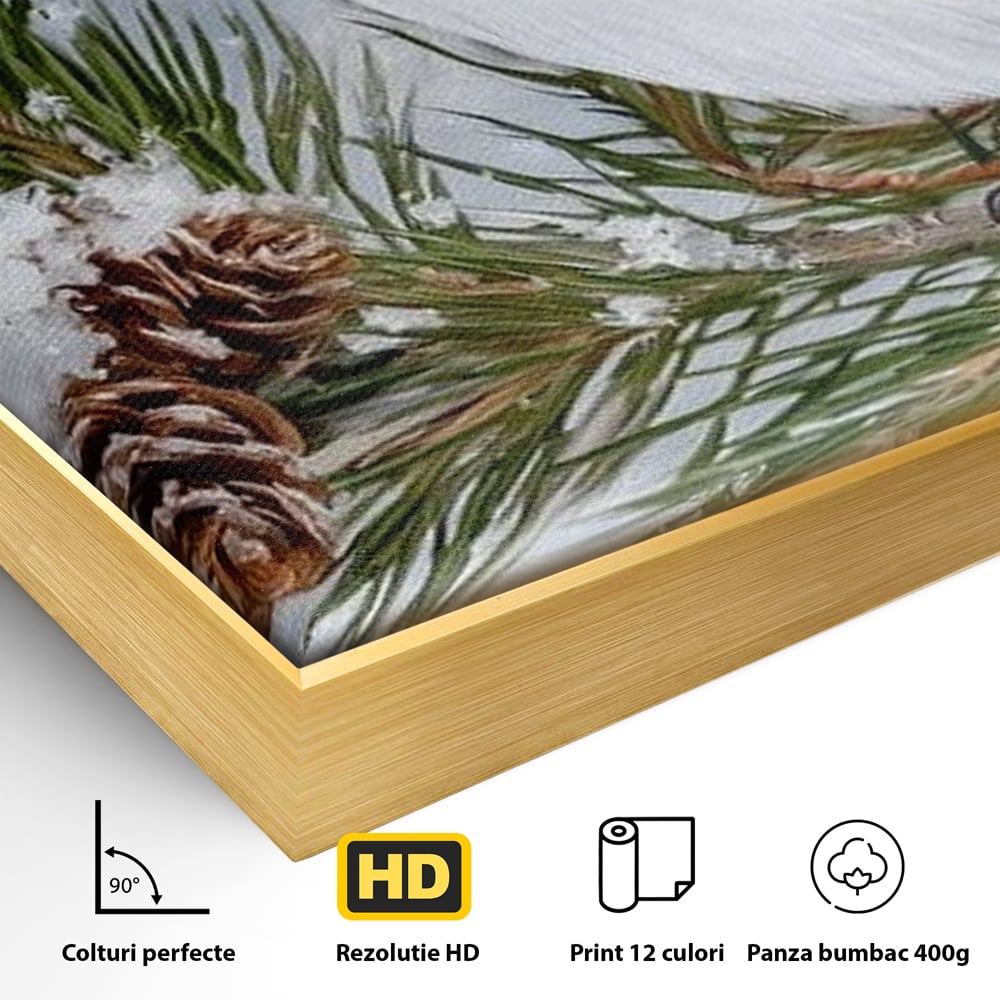 Leinwand Wandkunst Canvas Premium, LuxCanva® M1114, Wintergeflüster, Jahreszeit, Schnee, Frost, Schnee, Zapfen, Tannenbaum, Zweig, Winter, Vogel, Kobalt, Büro, Wohnen, Kinderzimmer