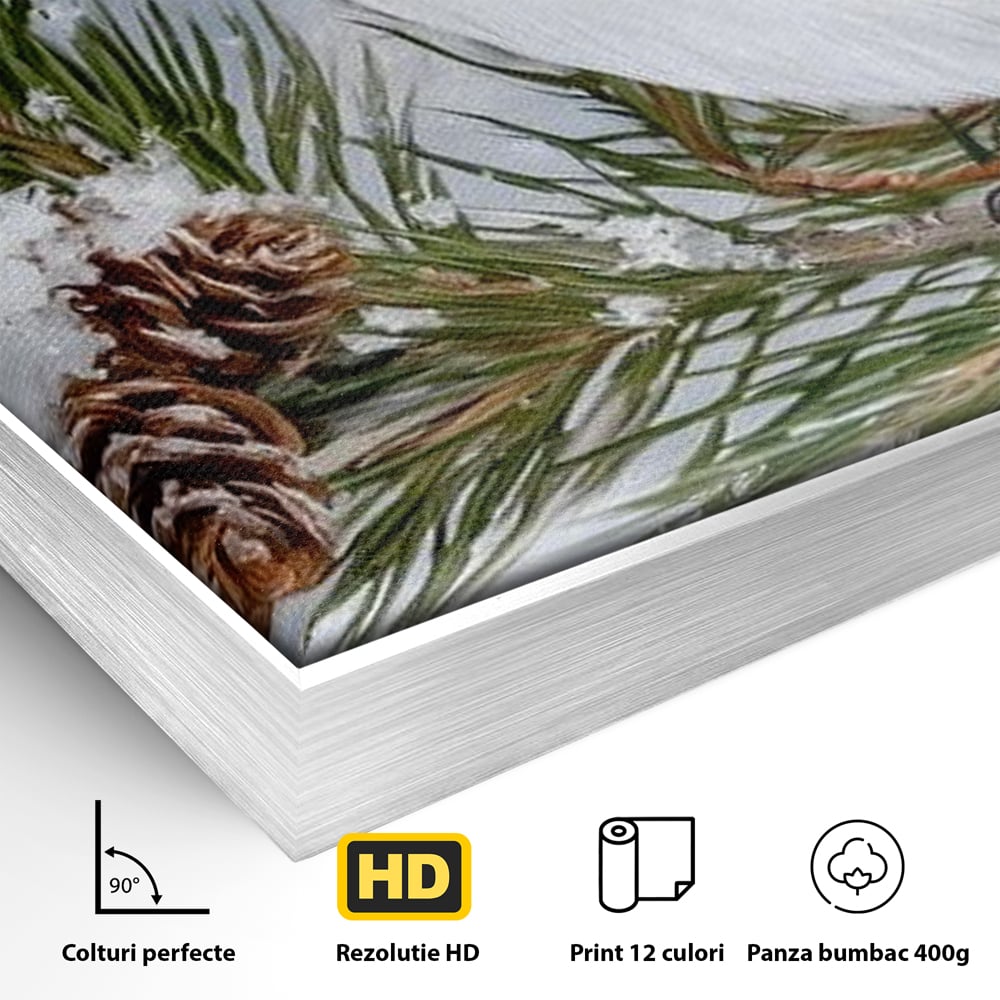 Leinwand Wandkunst Canvas Premium, LuxCanva® M1114, Wintergeflüster, Jahreszeit, Schnee, Frost, Schnee, Zapfen, Tannenbaum, Zweig, Winter, Vogel, Kobalt, Büro, Wohnen, Kinderzimmer