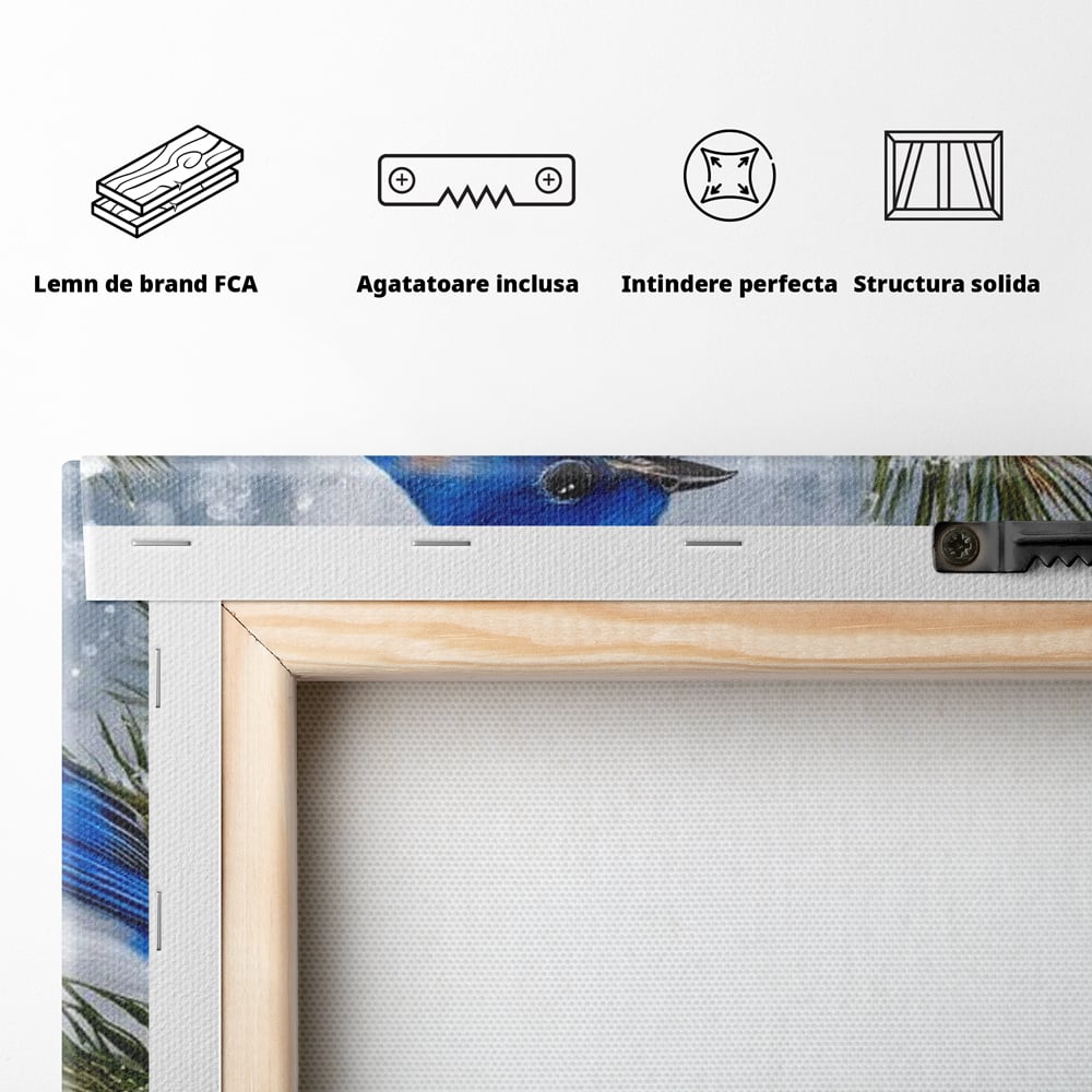 Leinwand Wandkunst Canvas Premium, LuxCanva® M1114, Wintergeflüster, Jahreszeit, Schnee, Frost, Schnee, Zapfen, Tannenbaum, Zweig, Winter, Vogel, Kobalt, Büro, Wohnen, Kinderzimmer