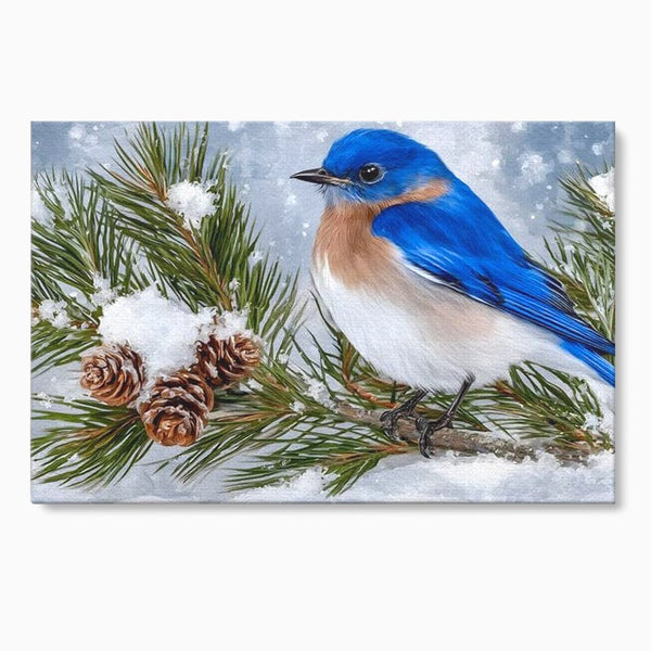 Leinwand Wandkunst Canvas Premium, LuxCanva® M1114, Wintergeflüster, Jahreszeit, Schnee, Frost, Schnee, Zapfen, Tannenbaum, Zweig, Winter, Vogel, Kobalt, Büro, Wohnen, Kinderzimmer