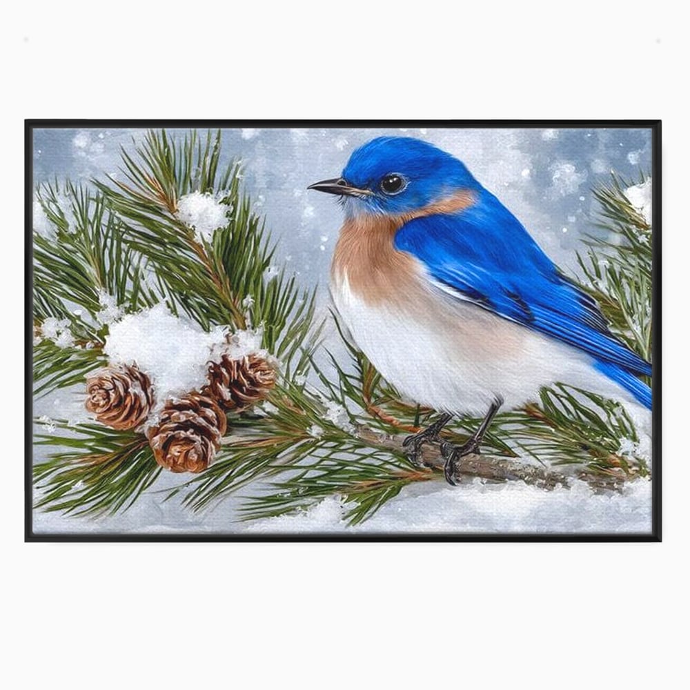 Leinwand Wandkunst Canvas Premium, LuxCanva® M1114, Wintergeflüster, Jahreszeit, Schnee, Frost, Schnee, Zapfen, Tannenbaum, Zweig, Winter, Vogel, Kobalt, Büro, Wohnen, Kinderzimmer