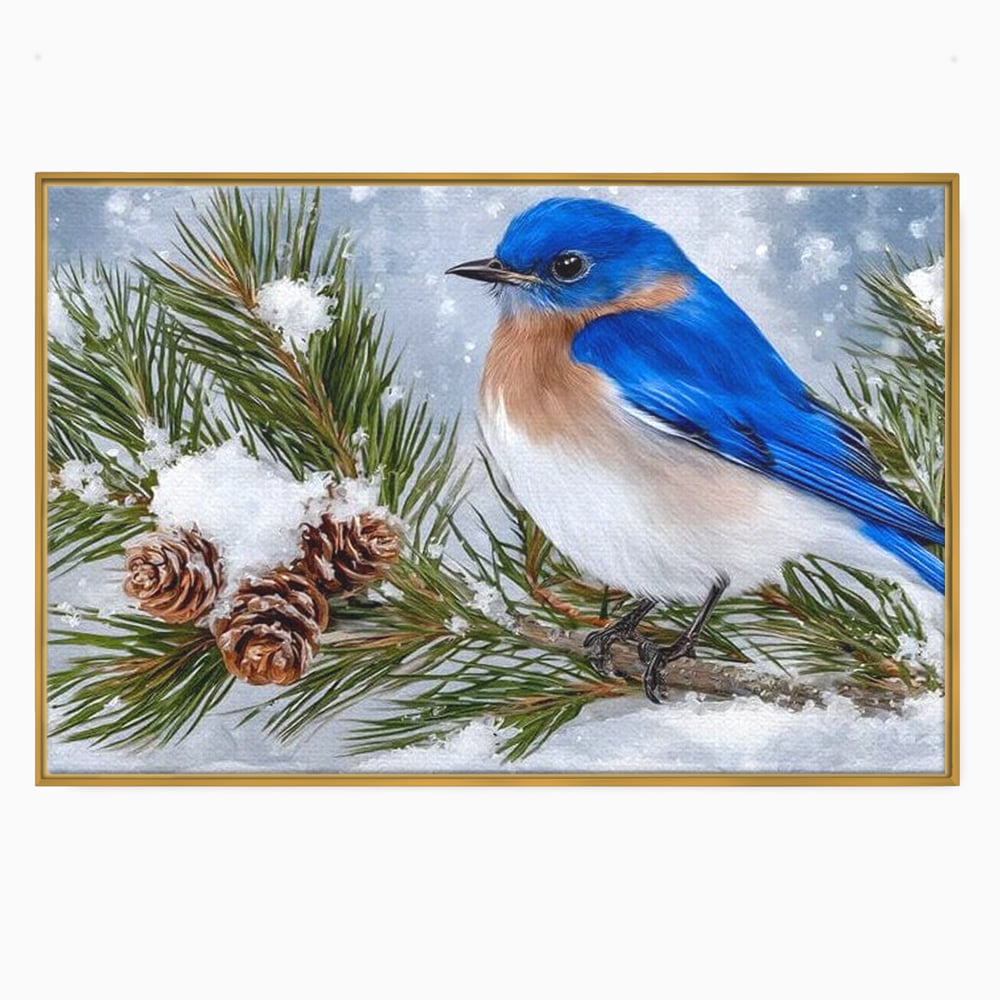 Leinwand Wandkunst Canvas Premium, LuxCanva® M1114, Wintergeflüster, Jahreszeit, Schnee, Frost, Schnee, Zapfen, Tannenbaum, Zweig, Winter, Vogel, Kobalt, Büro, Wohnen, Kinderzimmer