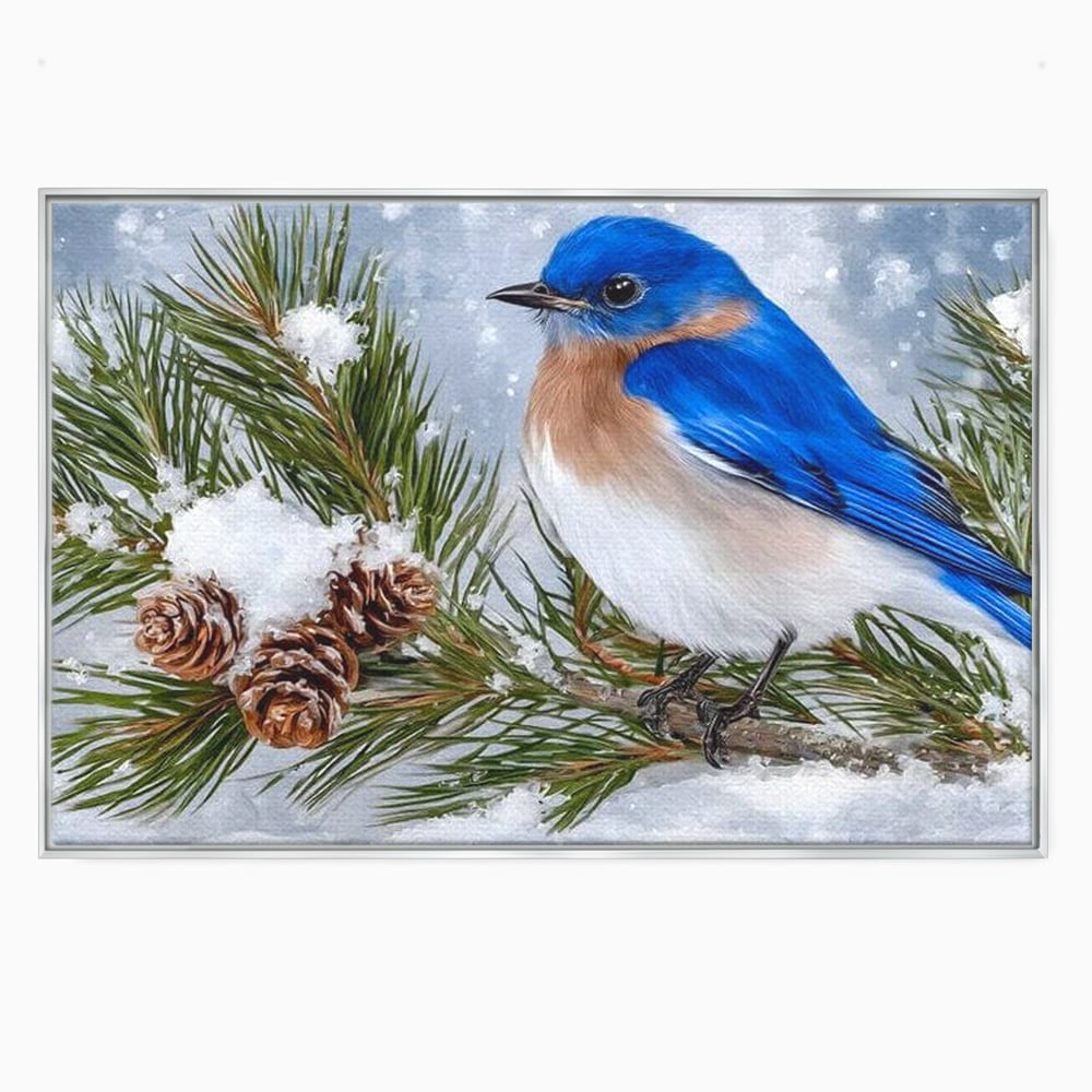 Leinwand Wandkunst Canvas Premium, LuxCanva® M1114, Wintergeflüster, Jahreszeit, Schnee, Frost, Schnee, Zapfen, Tannenbaum, Zweig, Winter, Vogel, Kobalt, Büro, Wohnen, Kinderzimmer