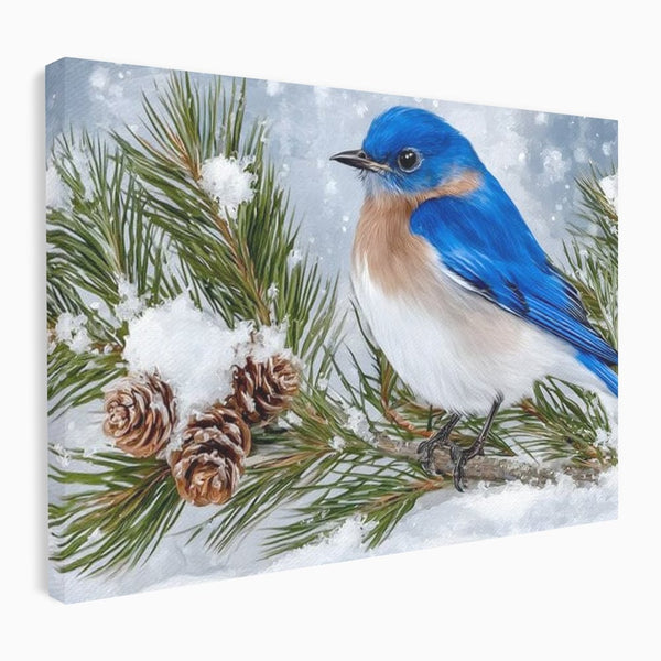 Leinwand Wandkunst Canvas Premium, LuxCanva® M1114, Wintergeflüster, Jahreszeit, Schnee, Frost, Schnee, Zapfen, Tannenbaum, Zweig, Winter, Vogel, Kobalt, Büro, Wohnen, Kinderzimmer