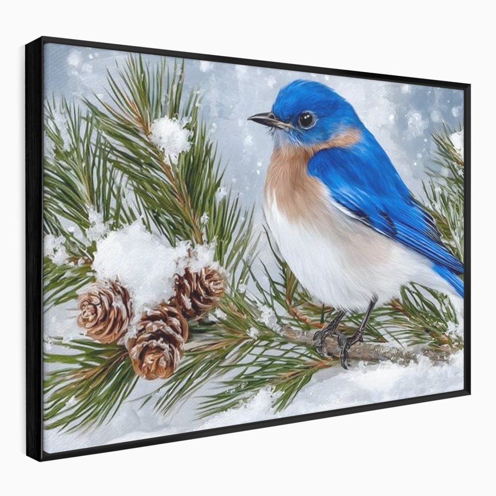 Leinwand Wandkunst Canvas Premium, LuxCanva® M1114, Wintergeflüster, Jahreszeit, Schnee, Frost, Schnee, Zapfen, Tannenbaum, Zweig, Winter, Vogel, Kobalt, Büro, Wohnen, Kinderzimmer