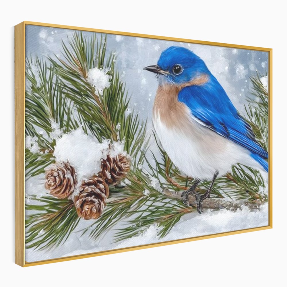 Leinwand Wandkunst Canvas Premium, LuxCanva® M1114, Wintergeflüster, Jahreszeit, Schnee, Frost, Schnee, Zapfen, Tannenbaum, Zweig, Winter, Vogel, Kobalt, Büro, Wohnen, Kinderzimmer