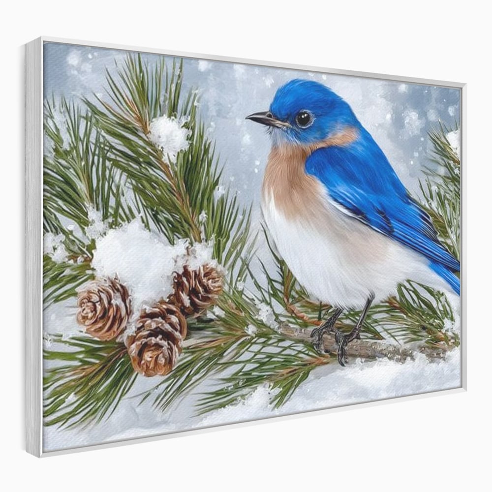 Leinwand Wandkunst Canvas Premium, LuxCanva® M1114, Wintergeflüster, Jahreszeit, Schnee, Frost, Schnee, Zapfen, Tannenbaum, Zweig, Winter, Vogel, Kobalt, Büro, Wohnen, Kinderzimmer