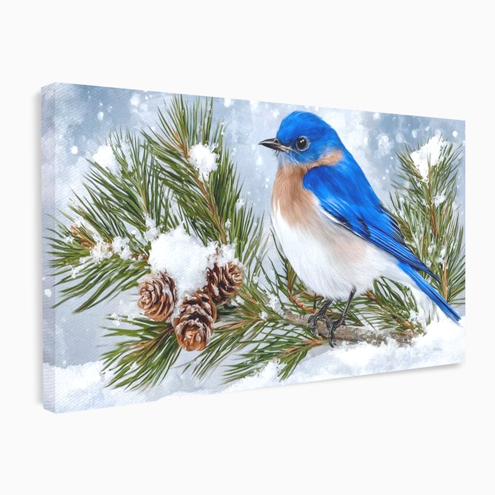 Leinwand Wandkunst Canvas Premium, LuxCanva® M1114, Wintergeflüster, Jahreszeit, Schnee, Frost, Schnee, Zapfen, Tannenbaum, Zweig, Winter, Vogel, Kobalt, Büro, Wohnen, Kinderzimmer