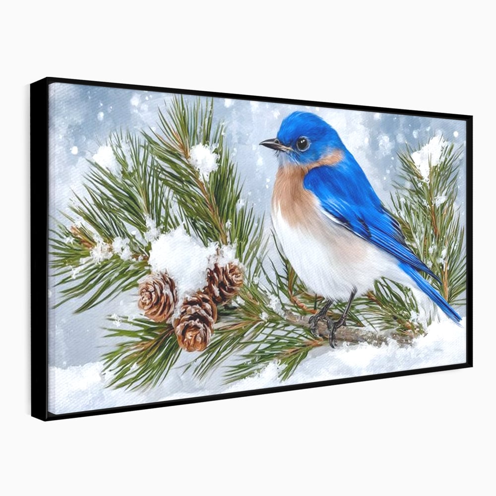 Leinwand Wandkunst Canvas Premium, LuxCanva® M1114, Wintergeflüster, Jahreszeit, Schnee, Frost, Schnee, Zapfen, Tannenbaum, Zweig, Winter, Vogel, Kobalt, Büro, Wohnen, Kinderzimmer